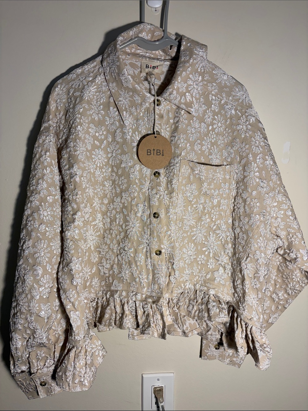 BiBi Beige Floral Embroidered Button-Down Shirt Jacket
